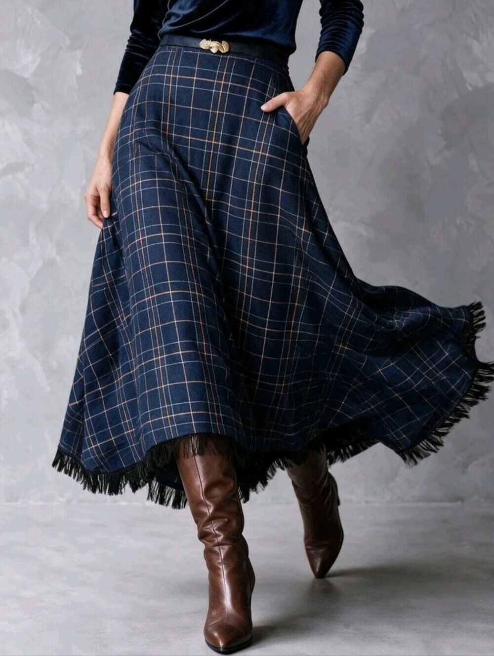 Navy Blue Plaid Asymmetrical Hem Skirt Autumn Outfit Cowgirl Outfits For Women - Picture 5 of 7